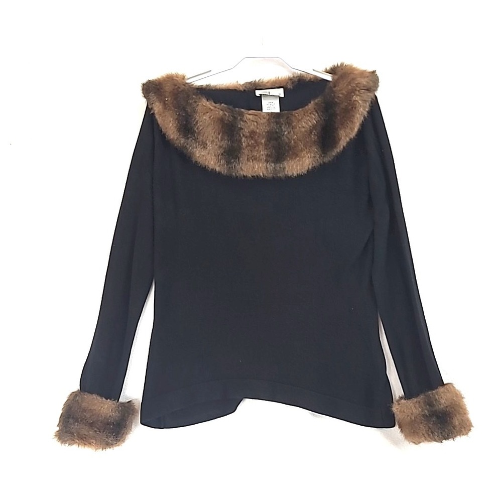 Women's Ambra Faux Fur Collar Black  Blouse Size Large Breakfast at Tiffanys‎